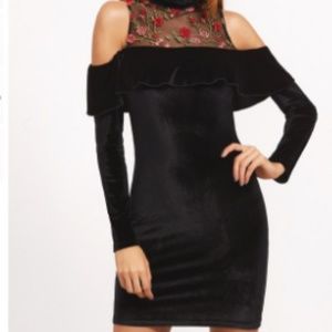 Embroidered Mesh Neck Cold Shoulder Ruffle Velvet